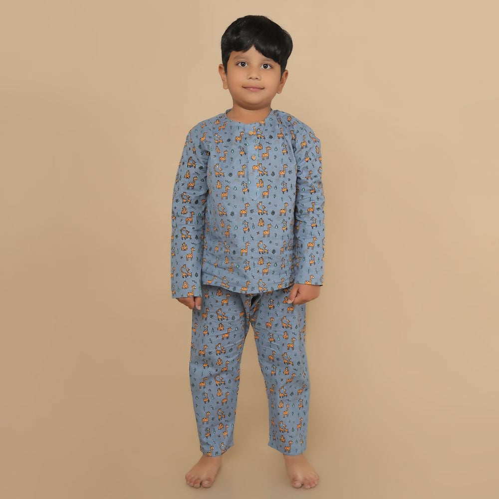 Breathables Kids Cotton Giraffe Print Night Suit | Kurta & Pants Co-Ord Set | Full Sleeves | Boys & Girls Nightwear & Loungewear – Grey