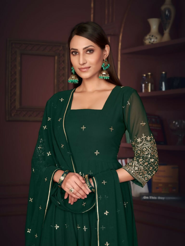 Jyoti Fashion Women's Golden & Bottle Green Georgette Embroidered Anarkali Kurta Pant Set With Dupatta | Swadesiicart