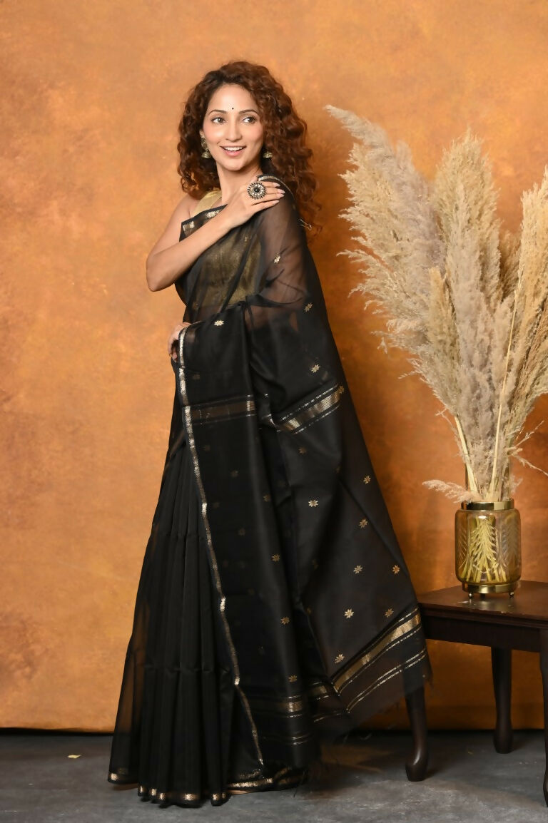 Very Much Indian Handloom Pure Cotton Silk Saree With Sleek Golden Border - Black | Swadesiicart