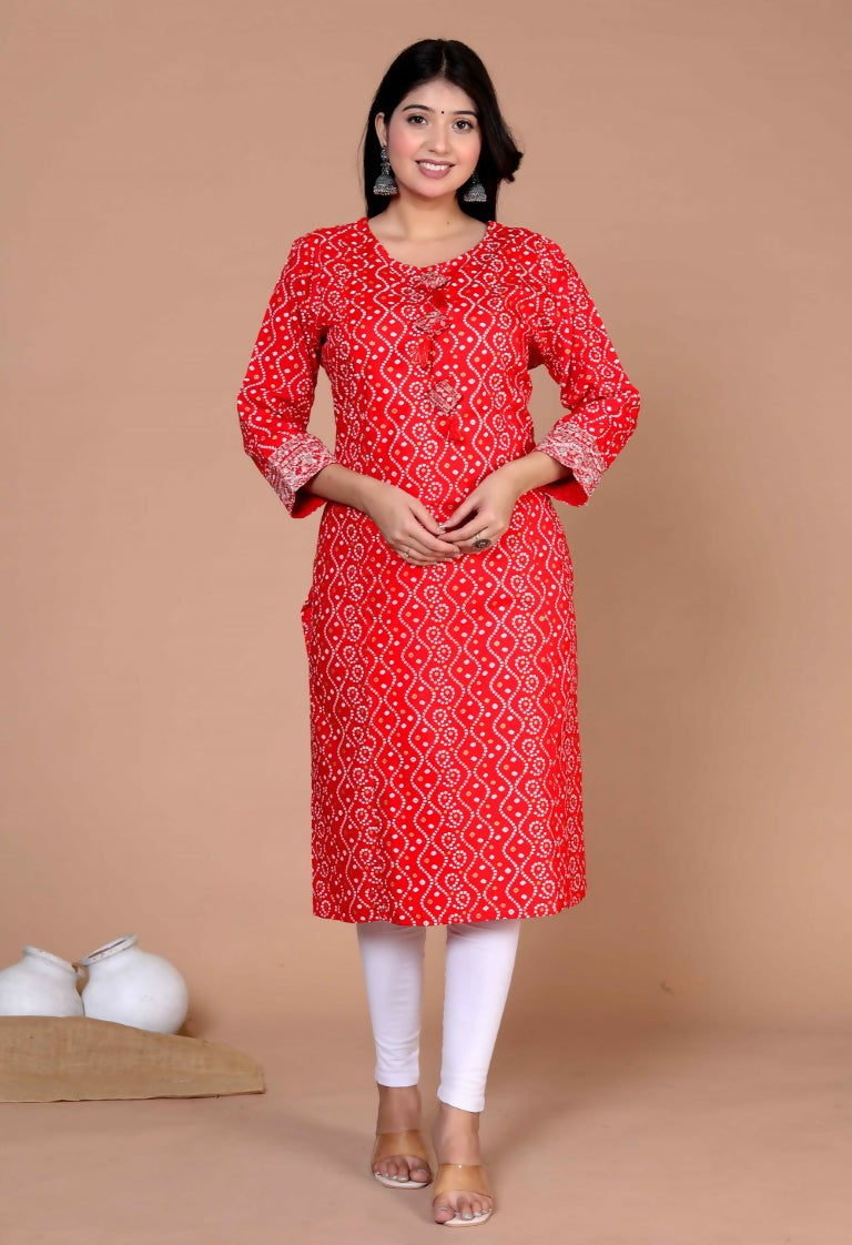 Miravan Women's Festive Wear Red Bandhani Printed Straight Kurta - Swadesiicart