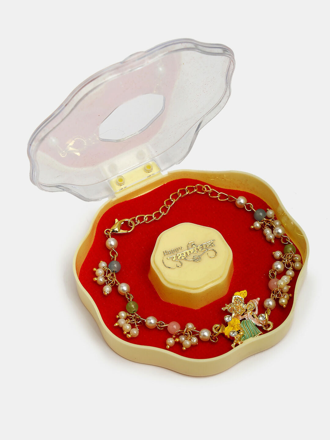 NVR Women & Men Set of 2 Multicolor Gold-Toned Radha Krishna Beaded Bhaiya Bhabhi Rakhi With Roli Chawal | Swadesiicart