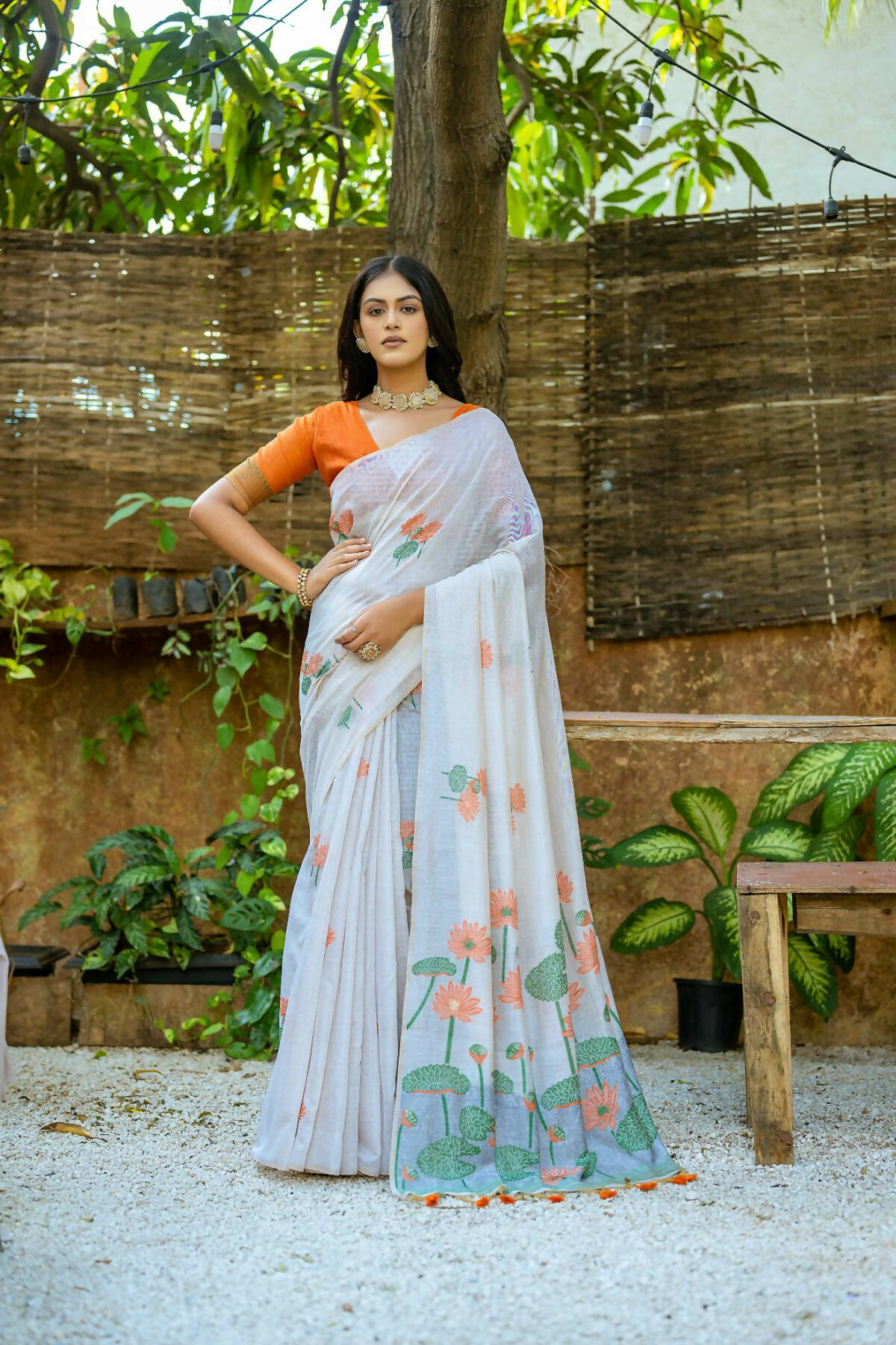 Vishnu Weaves Women's Orange Muga Cotton Woven Butti Saree with Blouse - Swadesiicart
