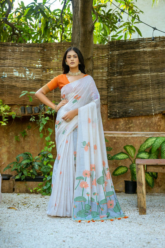 Vishnu Weaves Women's Orange Muga Cotton Woven Butti Saree with Blouse - Swadesiicart
