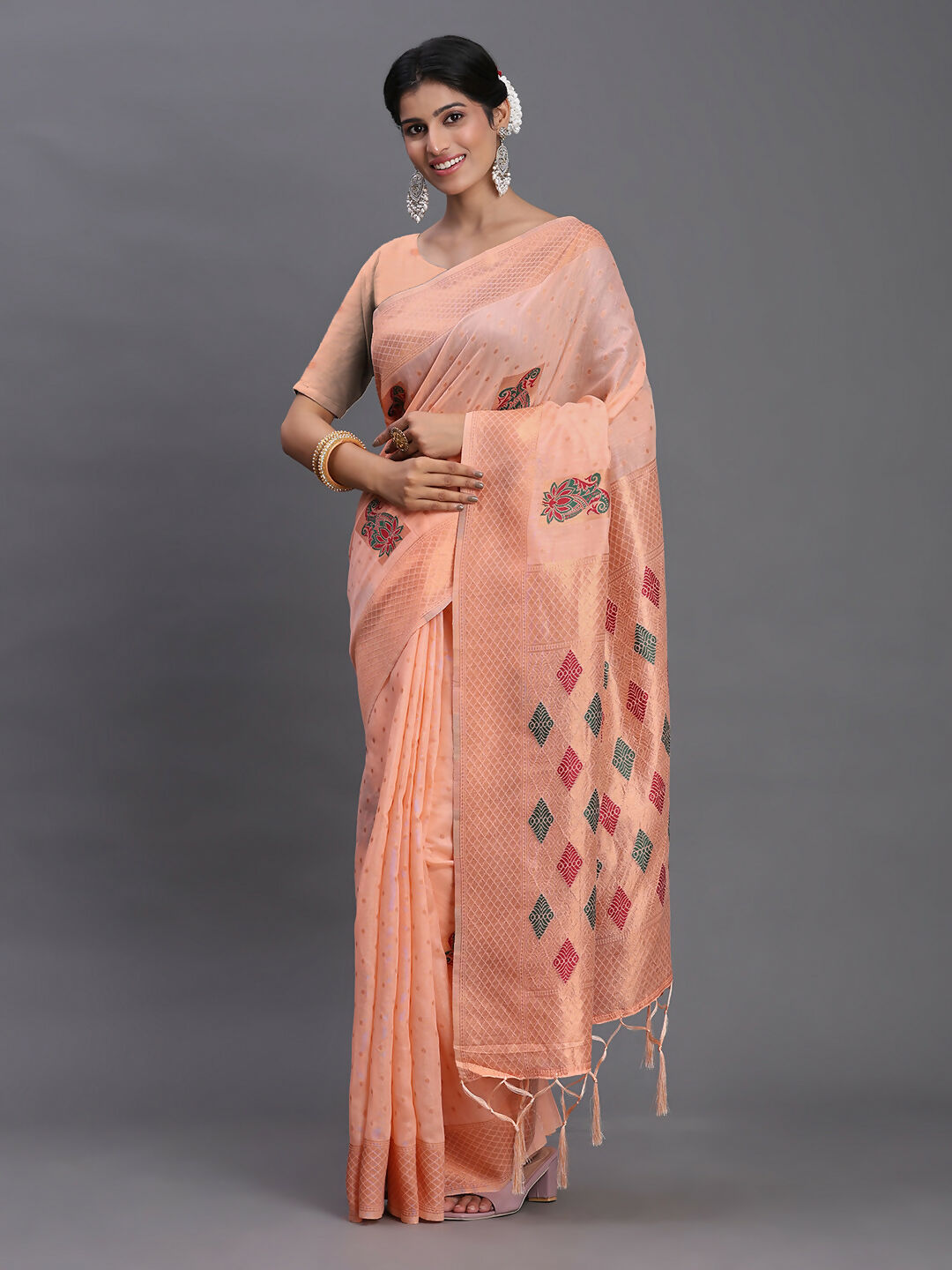 Shree Shyam Fashion Linen Cotton Peach Saree