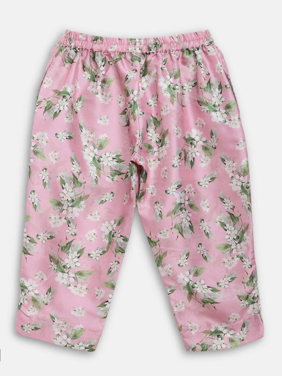 Ahalyaa Pink Poly Silk Solid Kids Kurta with Printed Pant Set For Girls | Swadesiicart