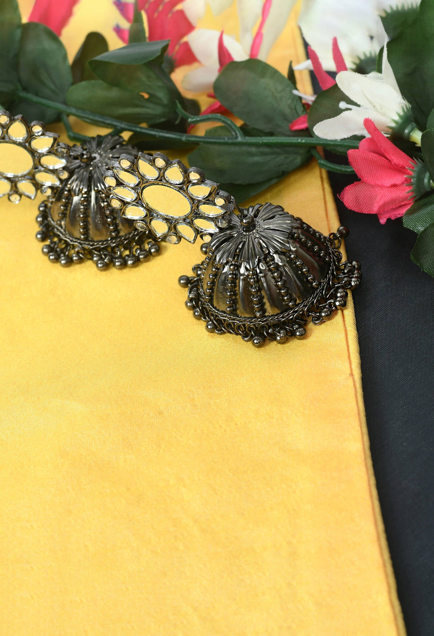 Mominos Fashion Johar Kamal Silver-Plated With Mirror Earrings Jhumkas - Swadesiicart