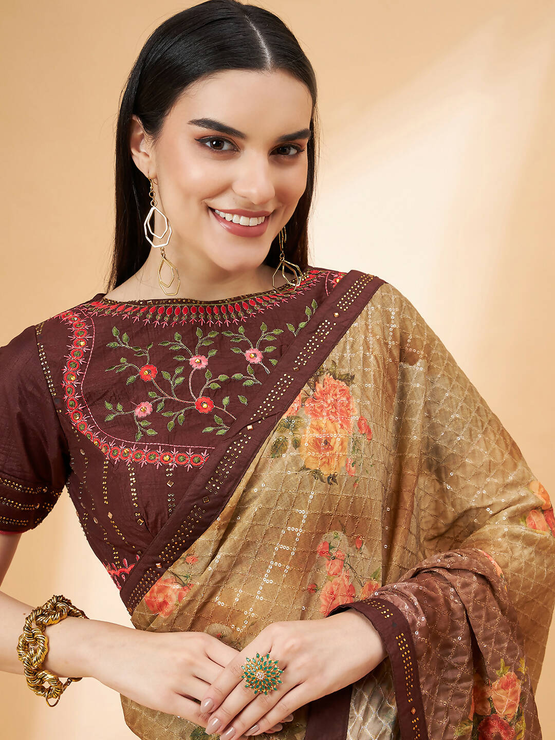 Beige Georgette Resham And Sequins Embroidery, Mukaish Studded Work Saree - Norita Hit Design - Swadesiicart