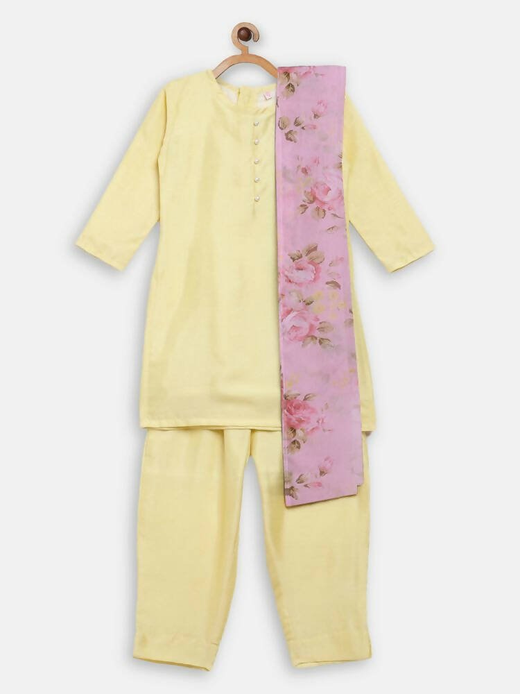 Ahalyaa Yellow Poly Silk Kids Kurta Pant With Dupatta For Girls | Swadesiicart