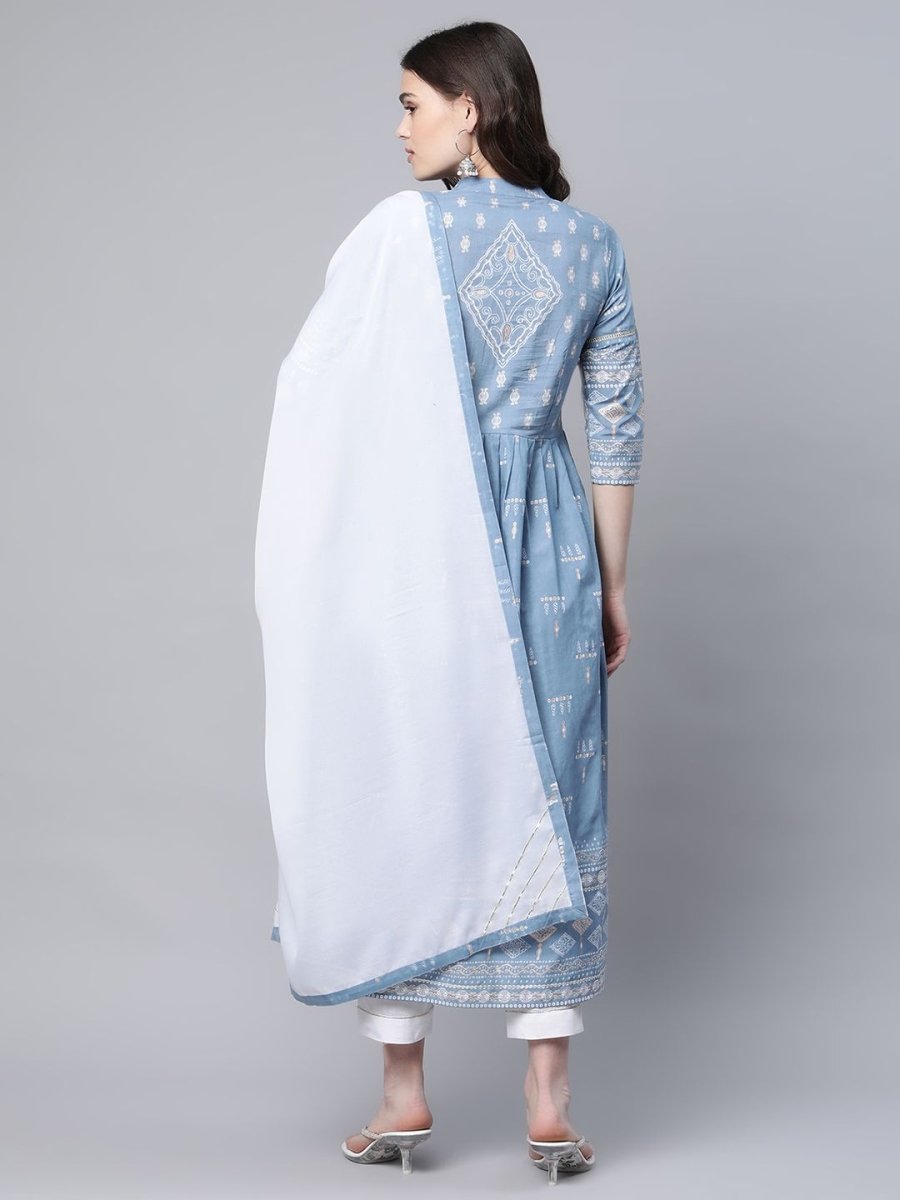 Ahalyaa Women Pastel Blue Pure Cotton Printed Kurta Pant Set With Dupatta | Swadesiicart