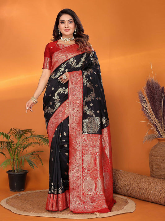Joban Fashion Banarasi Black Woven Soft Silk Saree | Swadesiicart