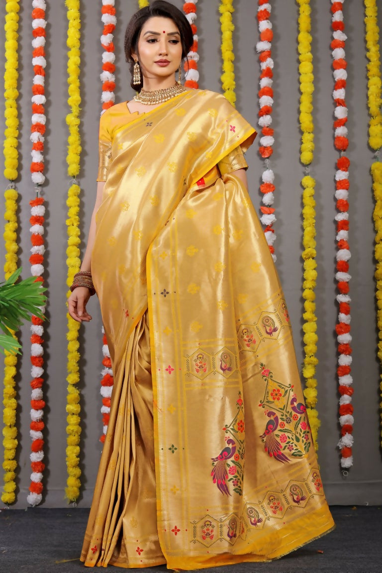 Jyoti Fashion Women's Yellow Paithani Silk Zari Woven Saree with Blouse | Swadesiicart