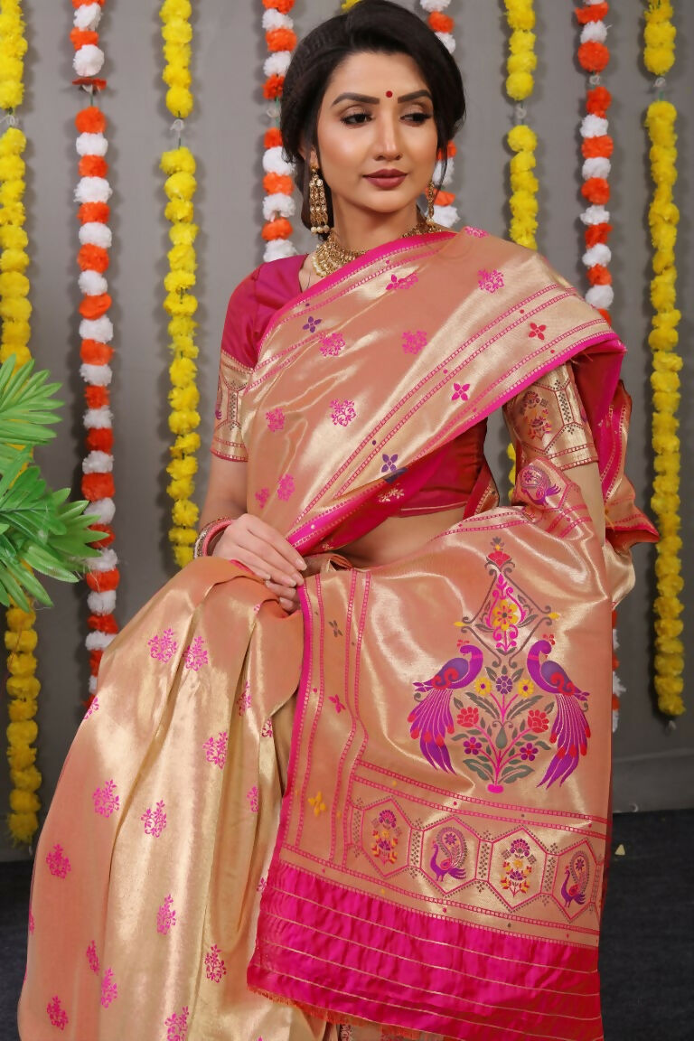 Jyoti Fashion Women's Rani Pink Paithani Silk Zari Woven Saree with Blouse | Swadesiicart