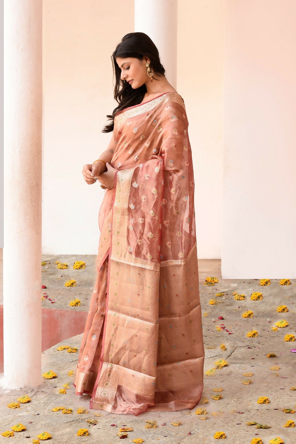 Joban Fashion Rose Gold Pure Banarasi Tissue Saree | Swadesiicart