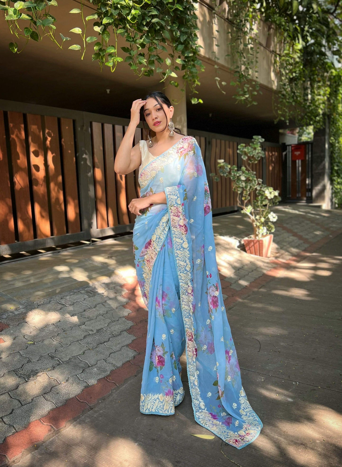 Vamsee Subh Laxmi Sky Georgette Saree - Swadesiicart