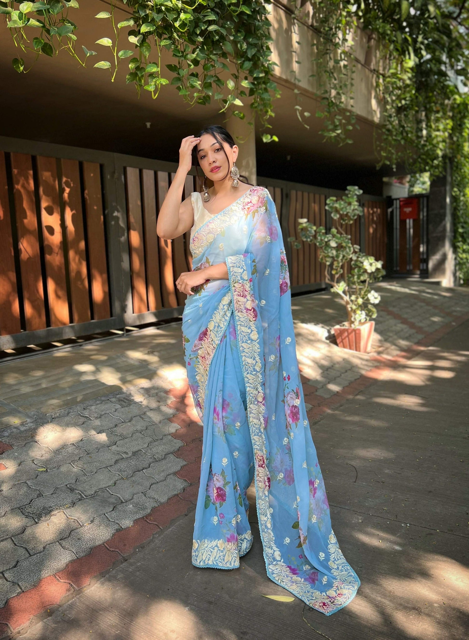 Vamsee Subh Laxmi Sky Georgette Saree - Swadesiicart