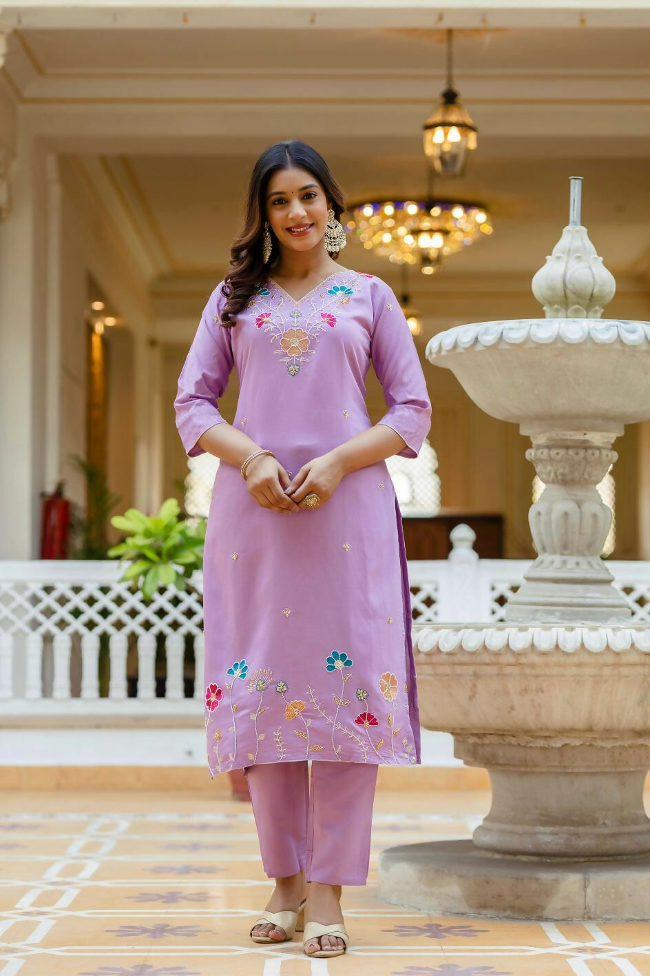 The52 Lavender Women's Gorgeous Embroidered work Viscose Gadhwal Fabric Straight Kurta, Pant and Dupatta Set - Swadesiicart