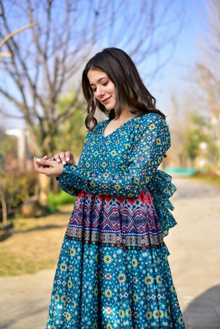 Jyoti Fashion Women's Blue Heavy Digital Printed Cotton Silk Anarkali Dress | Swadesiicart