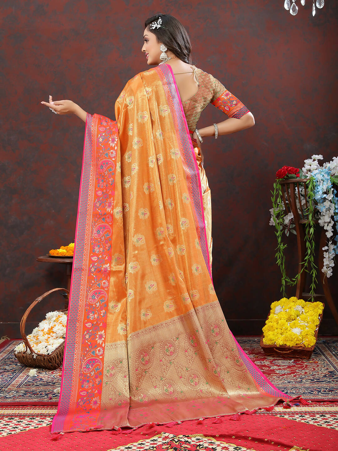 Lorenvalley Fashion Orange Kanjivaram Silk Woven Design with Zari Weaving Saree - Swadesiicart
