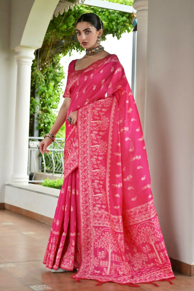 Vishnu Weaves Women's Rani Handloom Raw Silk Thread Weaving Saree with Blouse - Swadesiicart