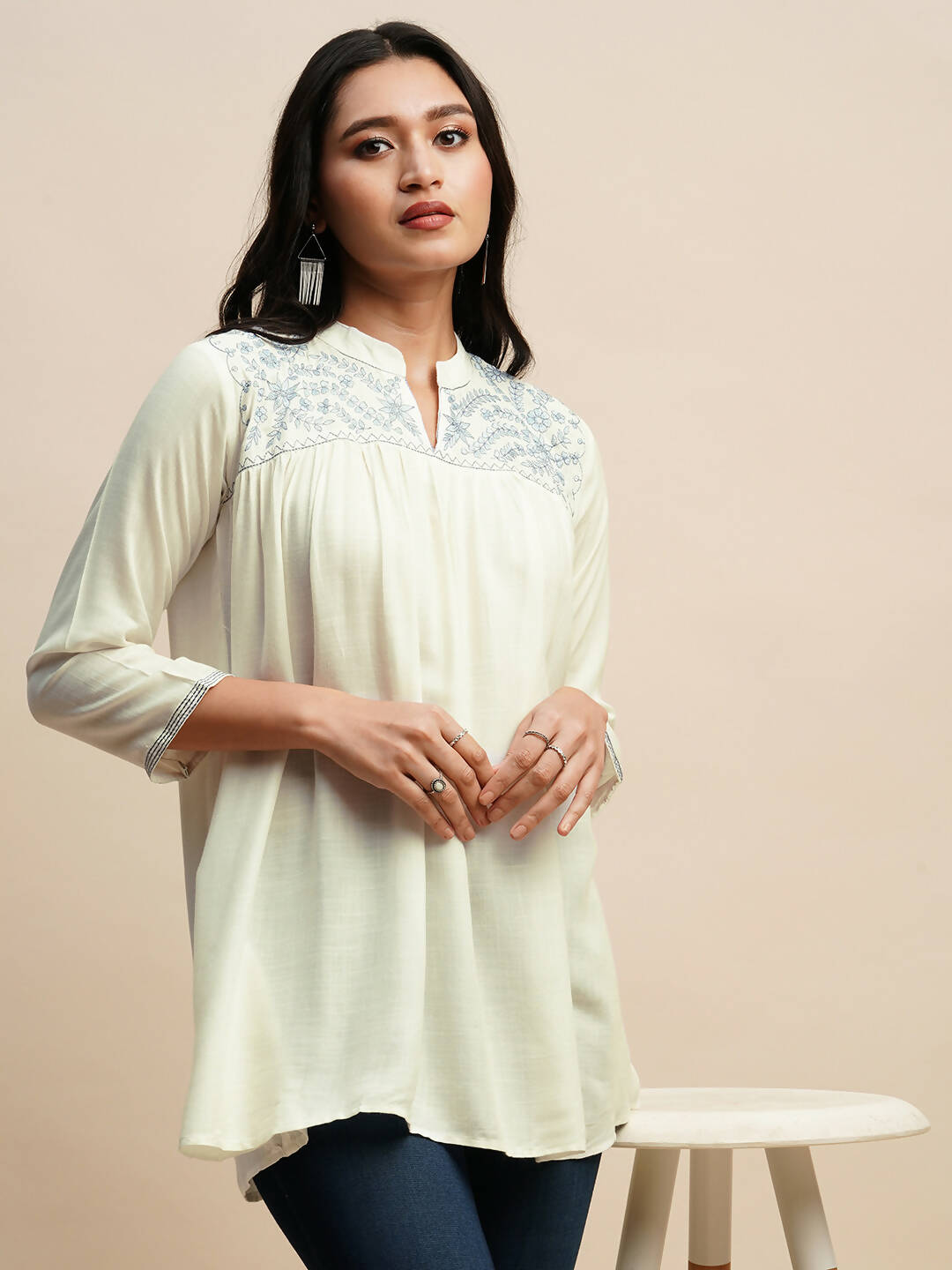 White Rayon Embroidered Top - Tarini - Swadesiicart