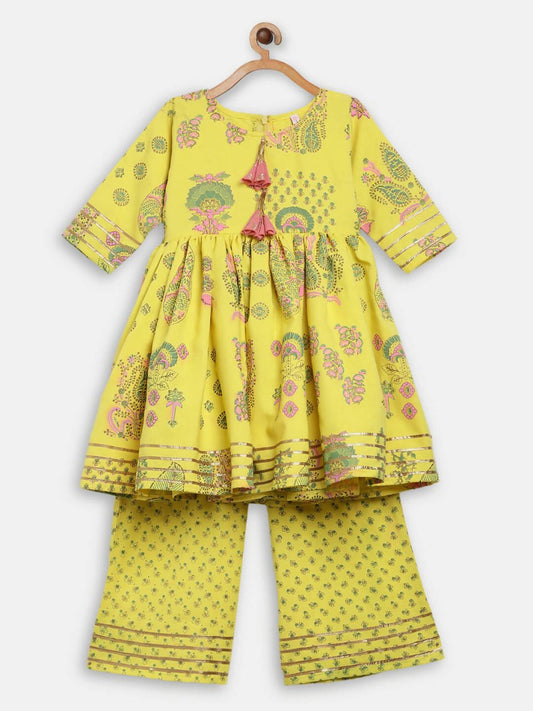 Ahalyaa Mustard Rayon Printed Kids Kurta Palazzo Sets For Kids For Girls | Swadesiicart