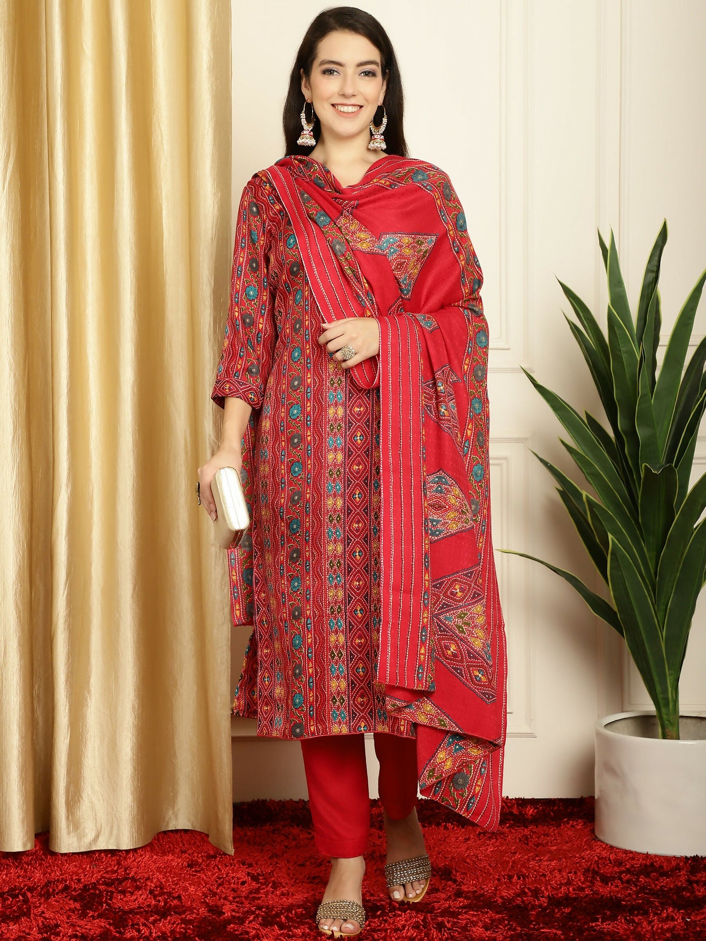 Jyoti Fashion Women's Red Pashmina Floral Digital Printed Kurta with Trouser & Dupatta | Swadesiicart