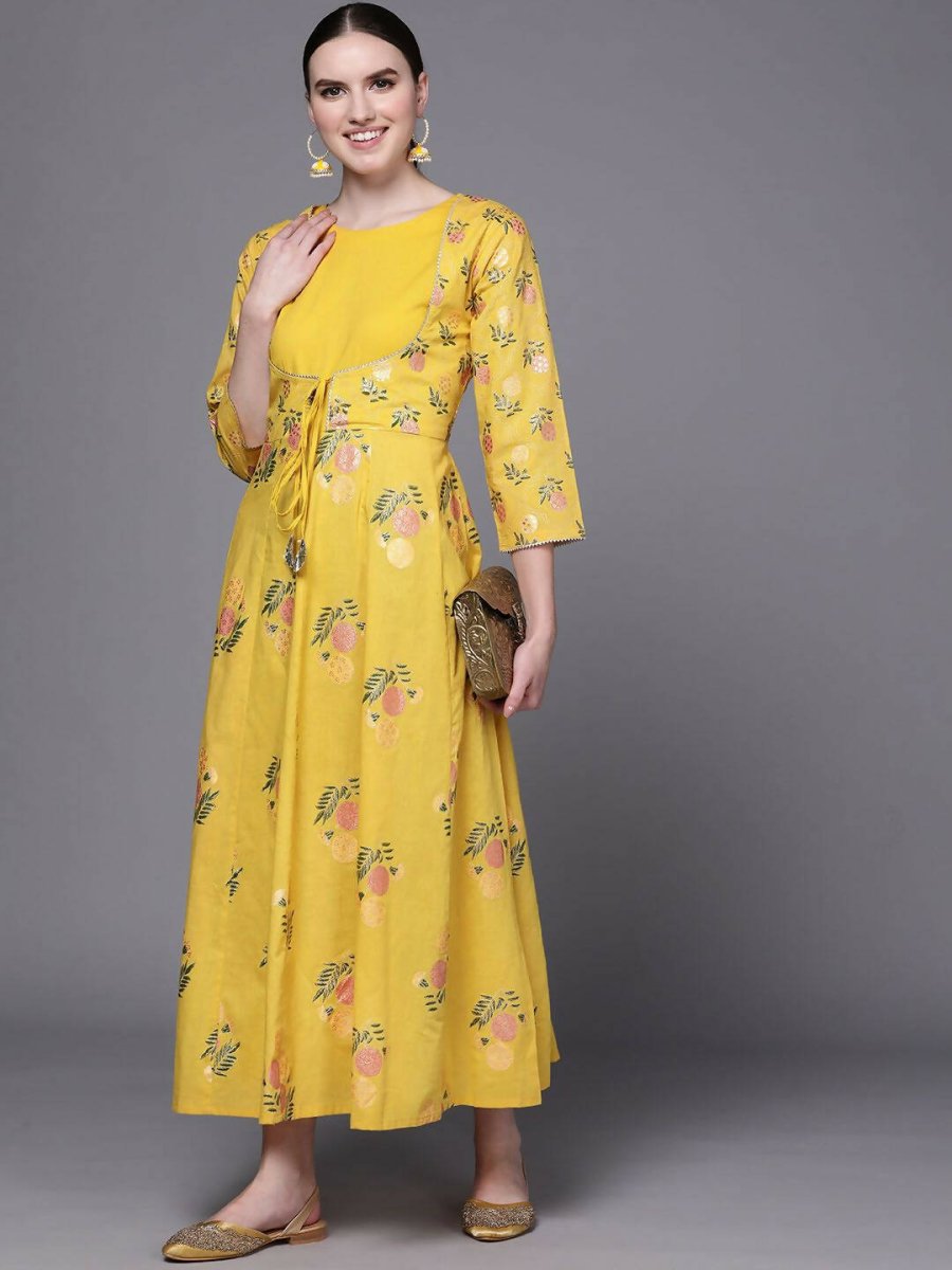 Ahalyaa Women Yellow Floral Fit & Flare Maxi Ethnic Dress | Swadesiicart