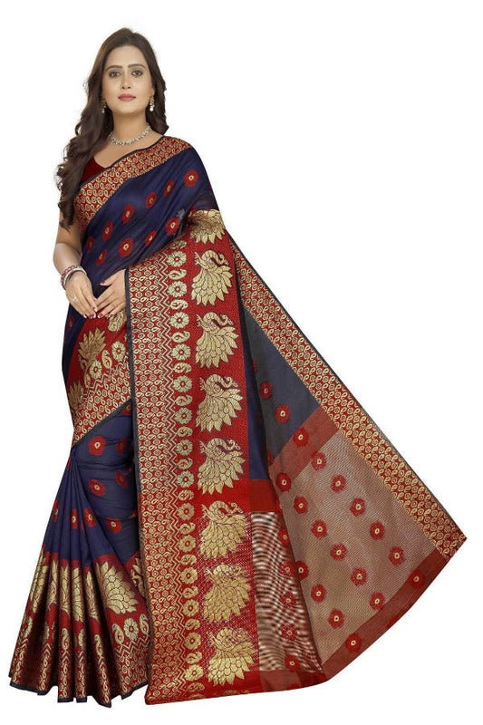 Vamika Banarasi Cotton Silk Navy Blue & Red Weaving Saree | Swadesiicart