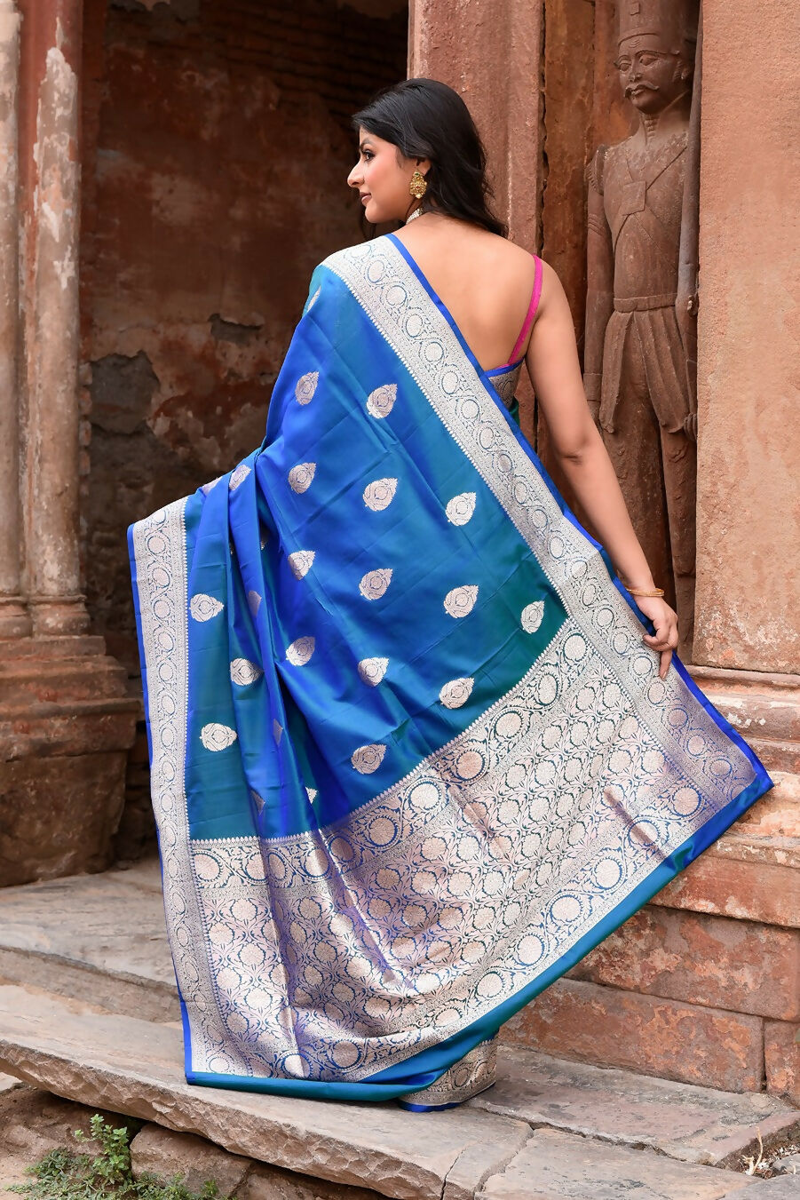 Joban Fashion Blue Banarasi Katan Pure Handloom Banarasi Silk Saree | Swadesiicart
