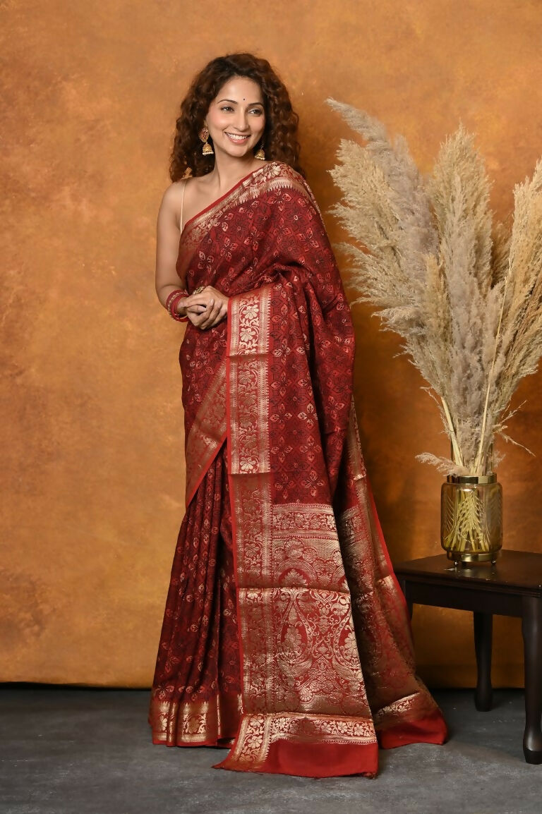 Very Much Indian Modal Silk Ajrakh Handblock Printed Natural Dyes With Designer Border Saree - Red | Swadesiicart