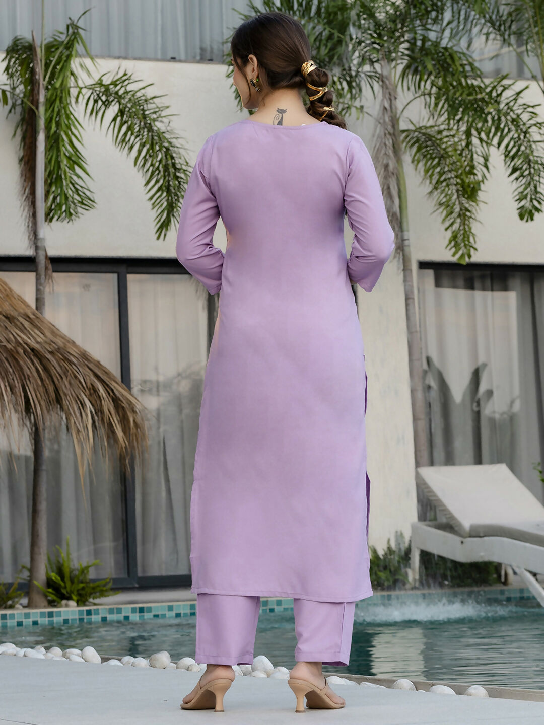 The52 Lavender Women's Beautiful Thread work Rayon Fabric with Straight Kurta, Pant and Dupatta Set - Swadesiicart