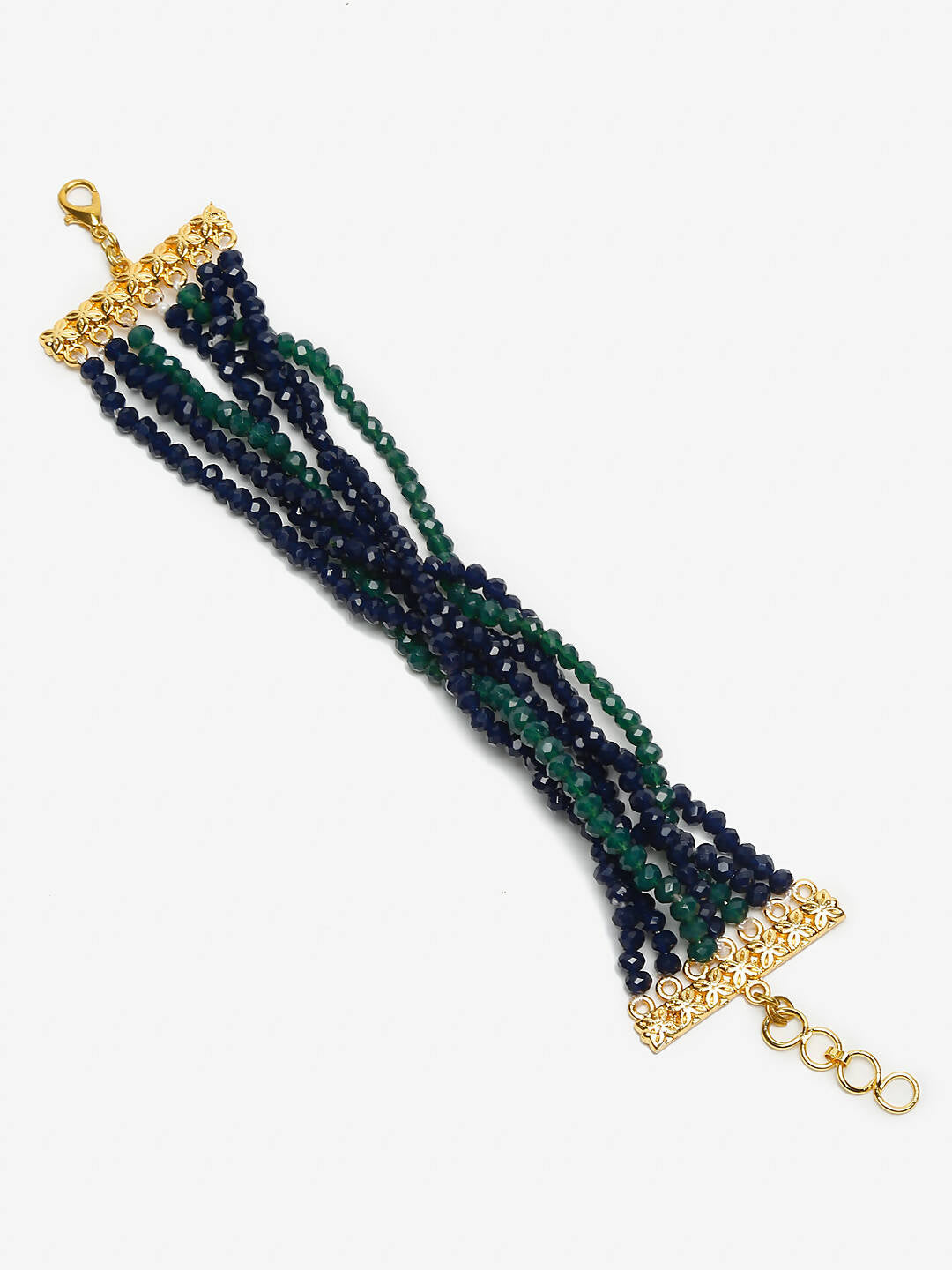 Women's Gold-Toned, Navy Blue Green Onyx Gold-Polished Multistrand Bracelet - Ruby Raang - Swadesiicart