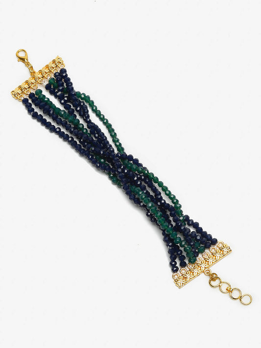 Women's Gold-Toned, Navy Blue Green Onyx Gold-Polished Multistrand Bracelet - Ruby Raang - Swadesiicart
