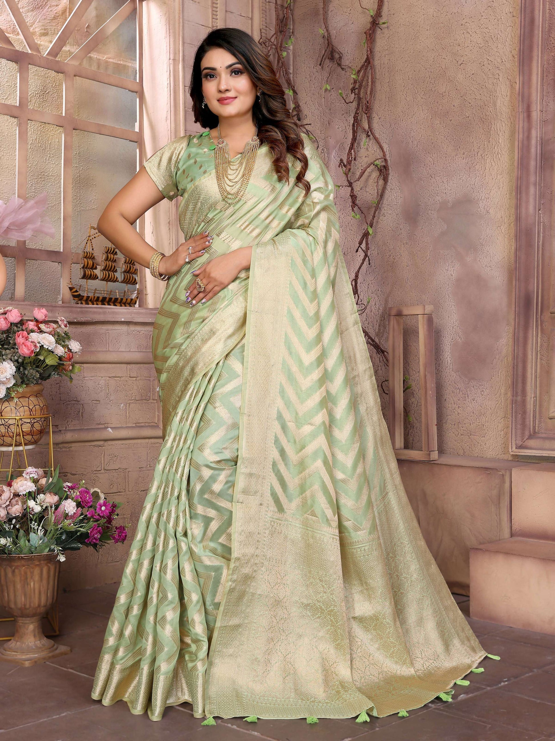 Aastha Fashion Pista Soft Organza Silk Weaving Saree
