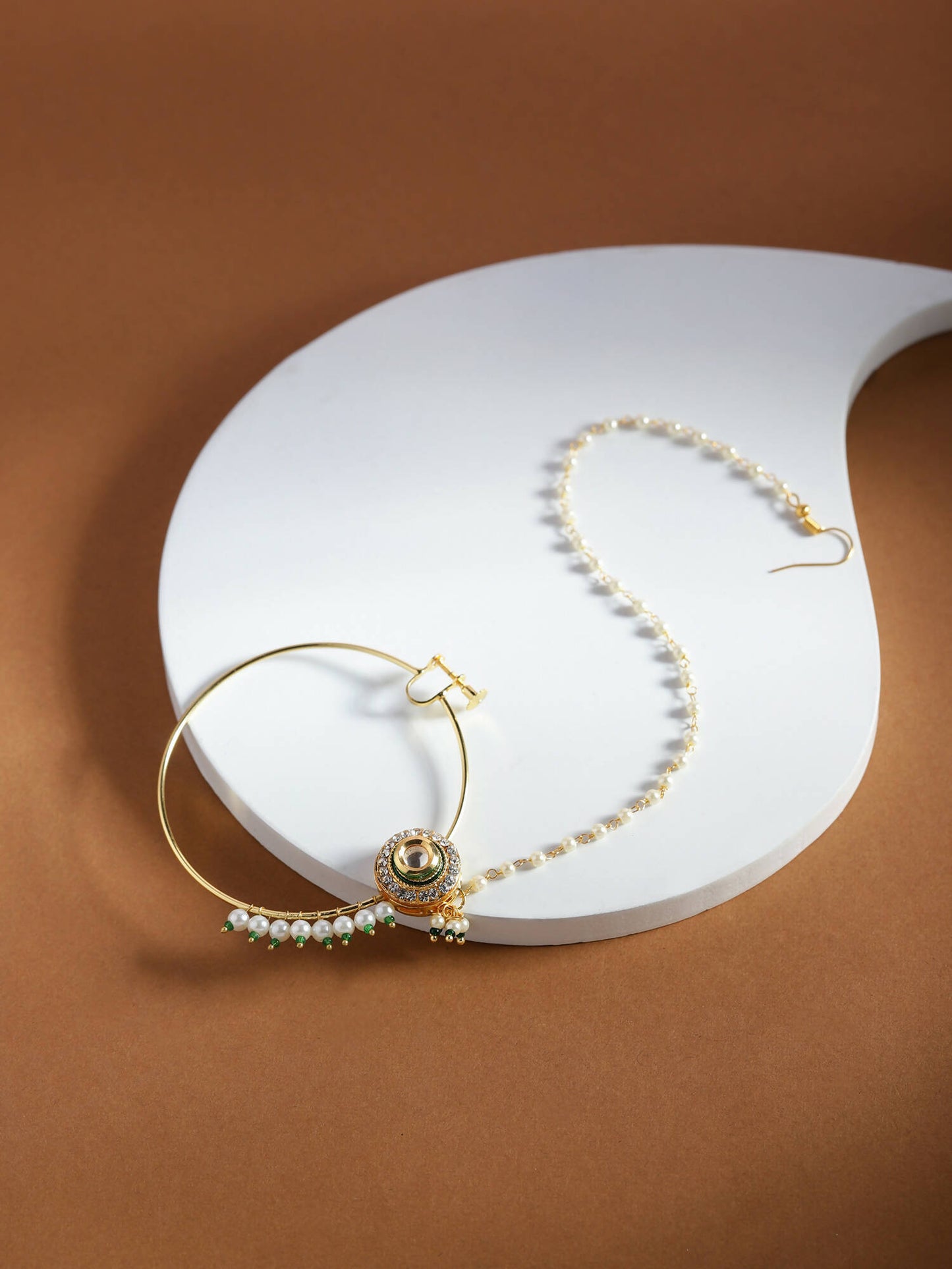 Gold-Polished White Green Kundan-Studded Pearl Beaded Nosepin - Ruby Raang | Swadesiicart