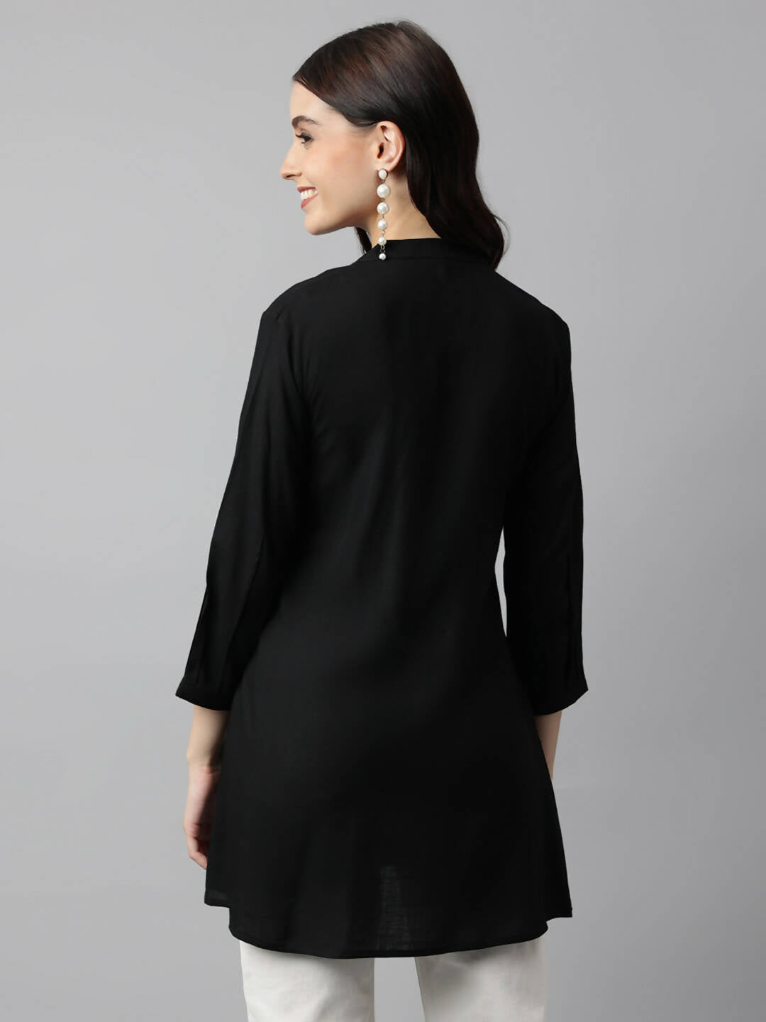 Black Rayon Yoke Embroidered A-line Top - Tarini - Swadesiicart