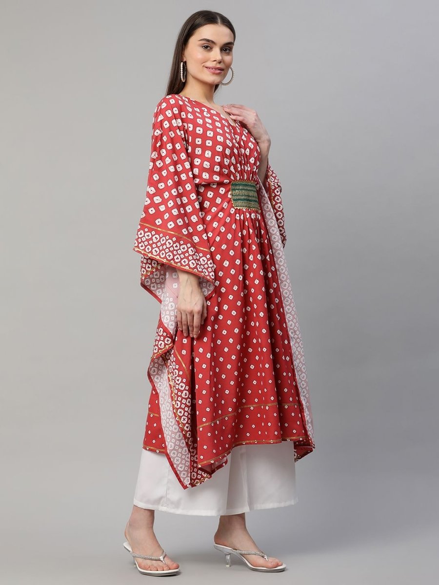 Ahalyaa Women Maroon Crepe Digital Printed Flared Sleeve Kaftan Kurta | Swadesiicart