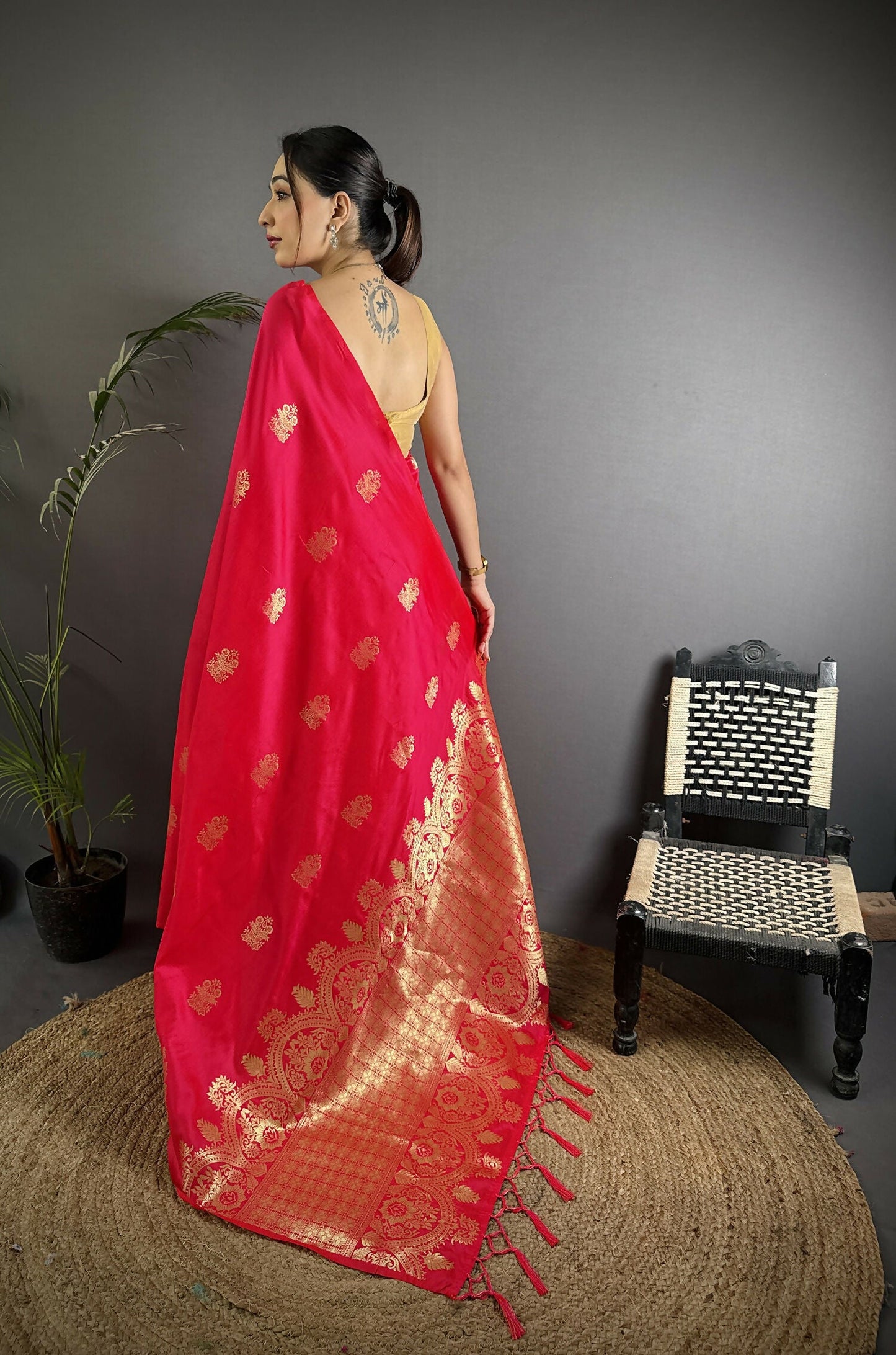 Joban Fashion Red Banarasi Lichi Silk Gold Zari Meena Saree | Swadesiicart