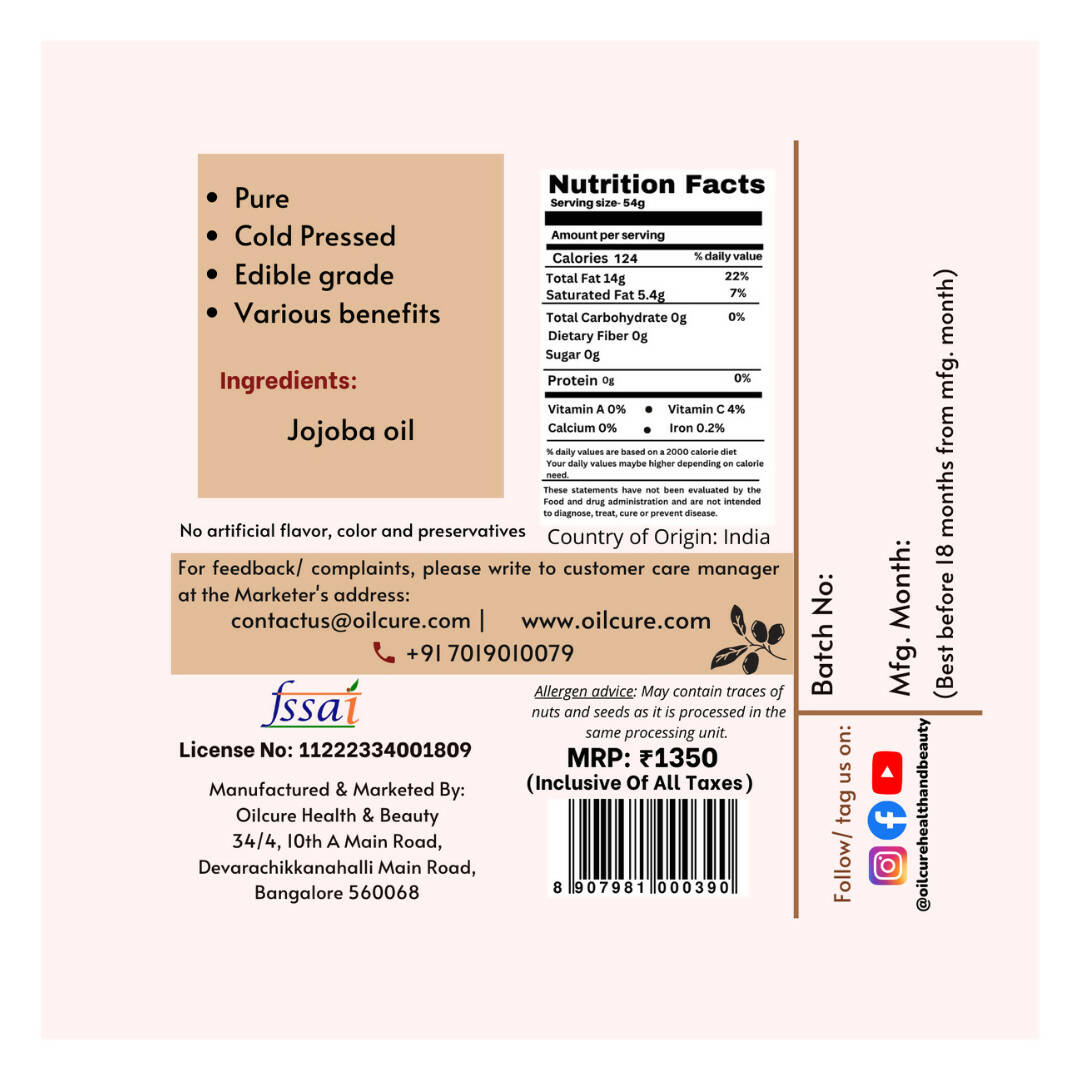 Oilcure Jojoba Oil Cold Pressed - Swadesiicart