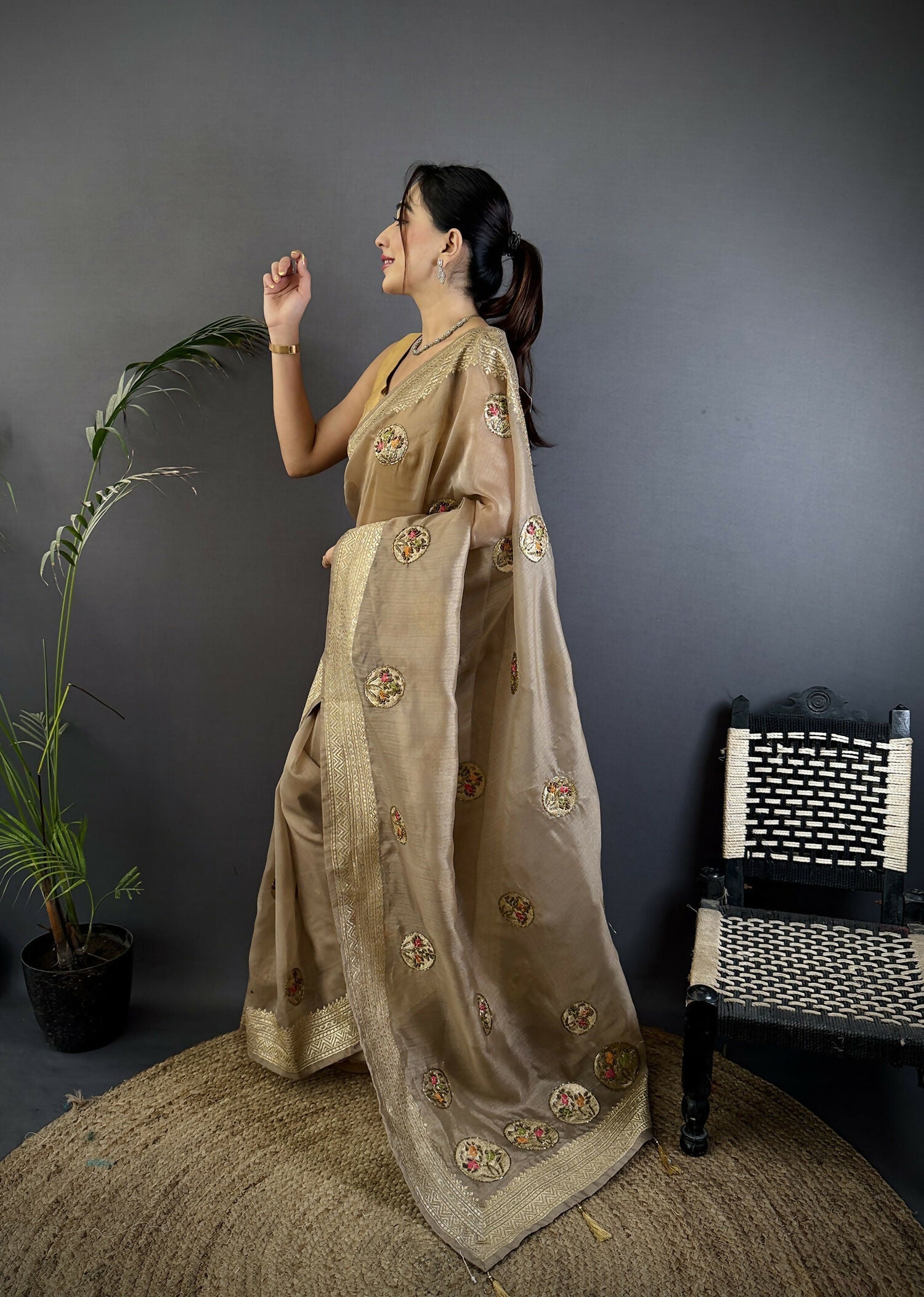 Joban Fashion Mud Brown Handloom Banarasi Organza Silk Khatali Butta Work Saree | Swadesiicart