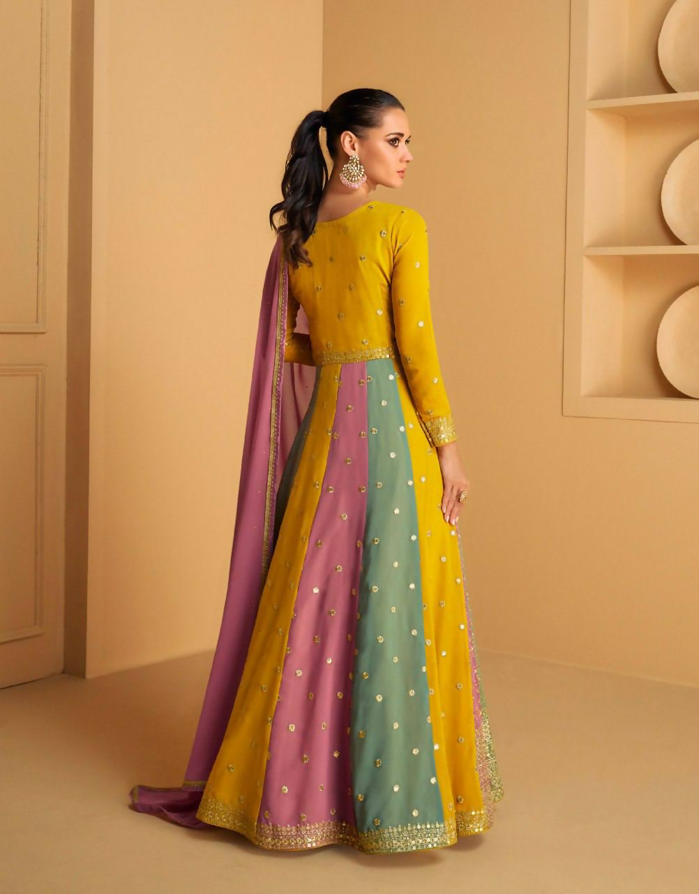 Lorenvalley Fashion Yellow Faux Georgette Embroidery with Sequince Work Gown Stitched | Swadesiicart