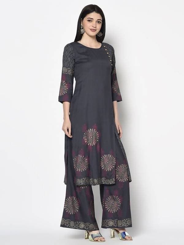 Aniyah Rayon Dark Grey Color Block Print Straight Kurta (AN-203K) - Swadesiicart