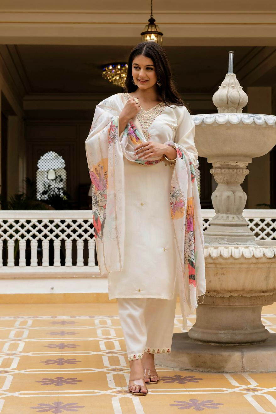 The52 White Women's Beautiful Viscose Chanderi Fabric Embroidered Work Straight Kurta Pant and Dupatta Set - Swadesiicart
