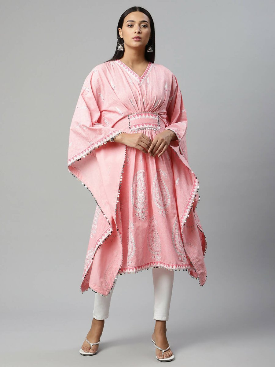 Ahalyaa Women Pink Pure Cotton Printed Kaftan Kurta | Swadesiicart