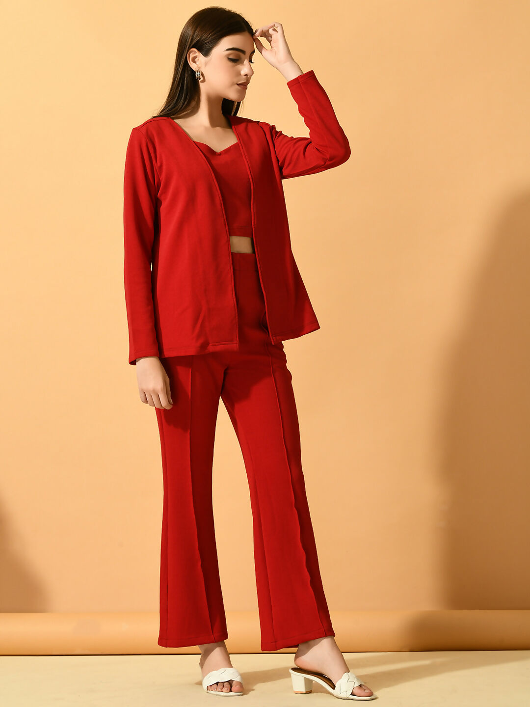 Myshka Women's Red Solid Coat With Trousers - Swadesiicart