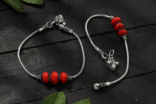 Mominos Fashion Kamal Johar Oxidised Silver With Red Beads Anklets | Swadesiicart