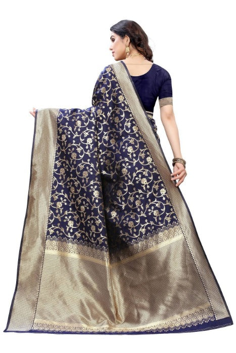 Vamika Banarasi Jacquard Weaving Navy Blue Saree (PARINITI NAVY) | Swadesiicart
