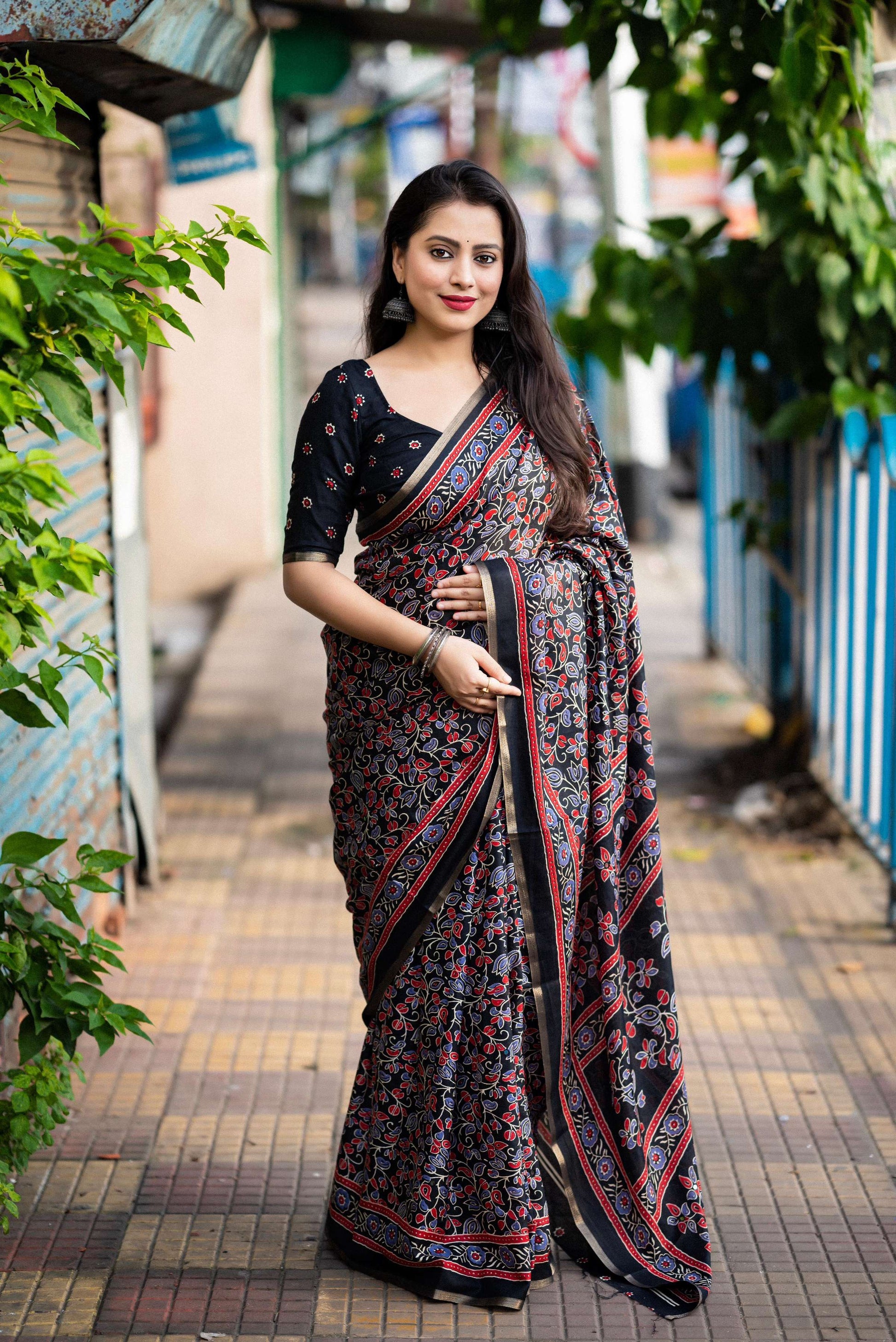 Black Cotton Blend Ajrak Saree with Unstitched Blouse - Hiral Fashion | Swadesiicart