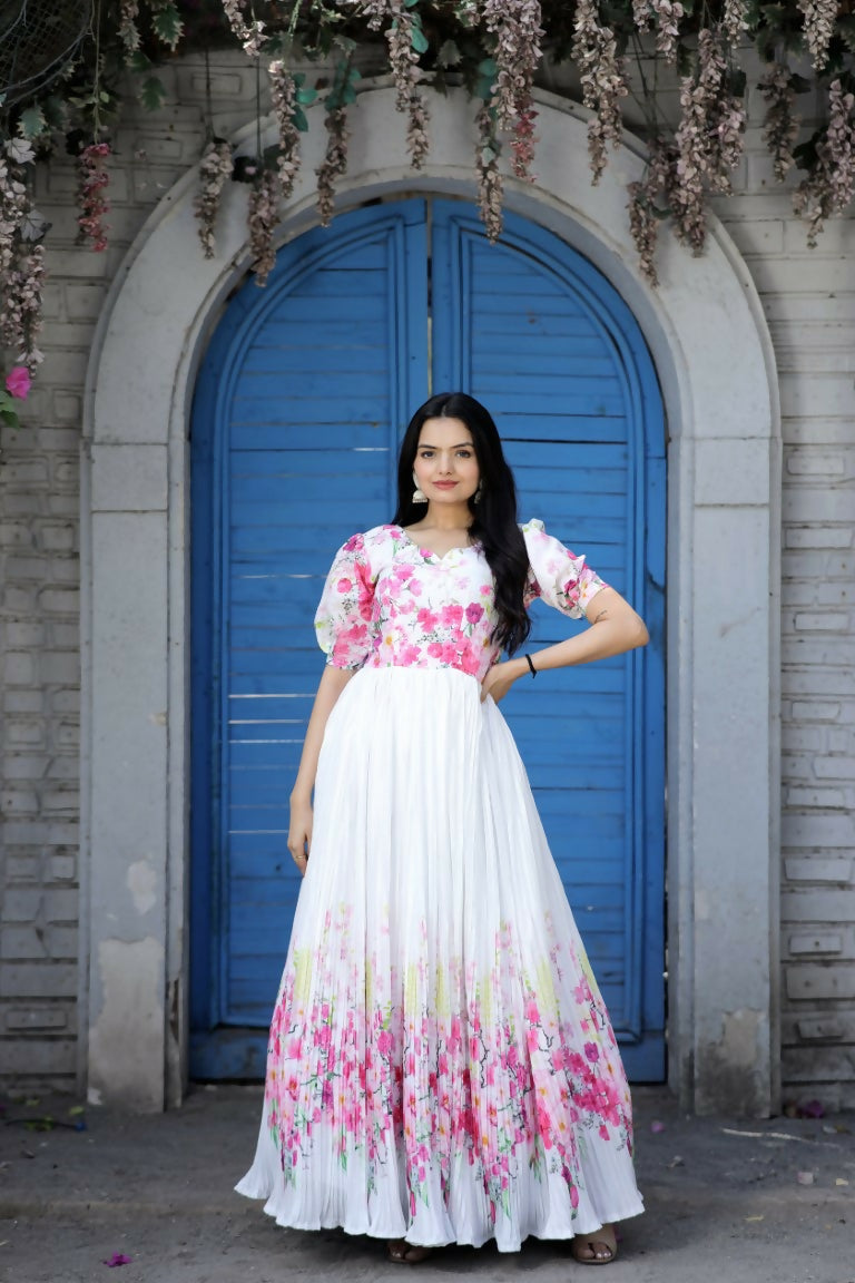 Jyoti Fashion Women's White Floral Digital Printed Chinon Anarkali Dress | Swadesiicart
