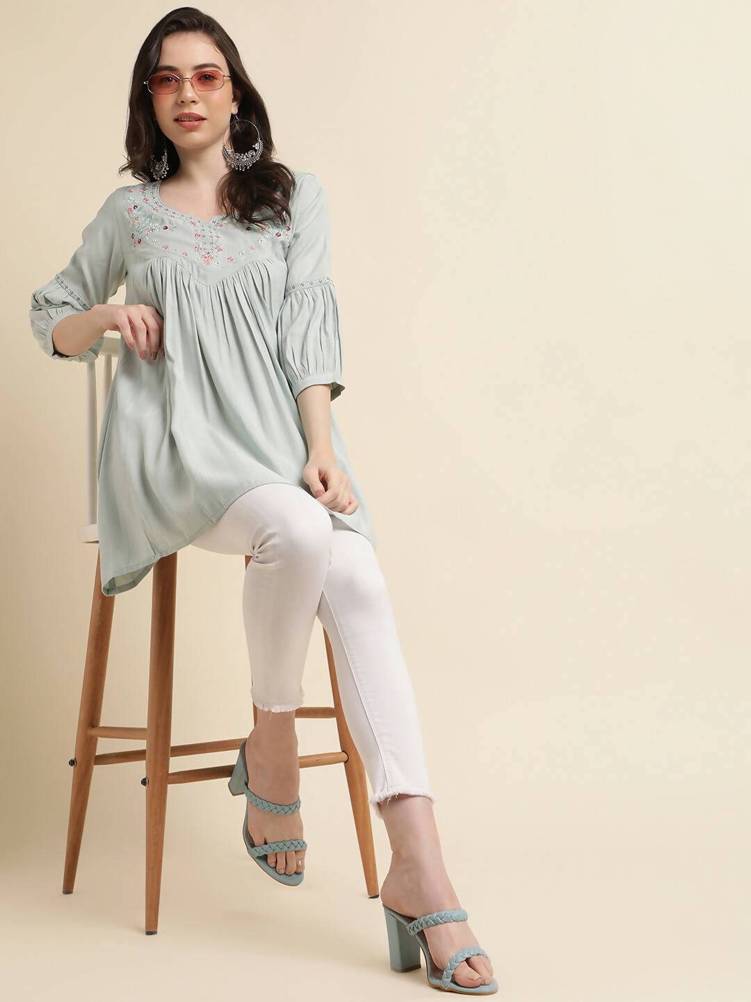 Light Blue Poly Cotton Yoke Embroidered A-line Top - Tarini - Swadesiicart